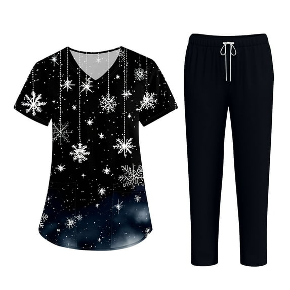SAATLERI Christmas Womens Scrubs Set V Neck Top and Pant Cute Xmas Print Christmas Medical Uniform Jogger Suit Pocketed Nurse Workwear
