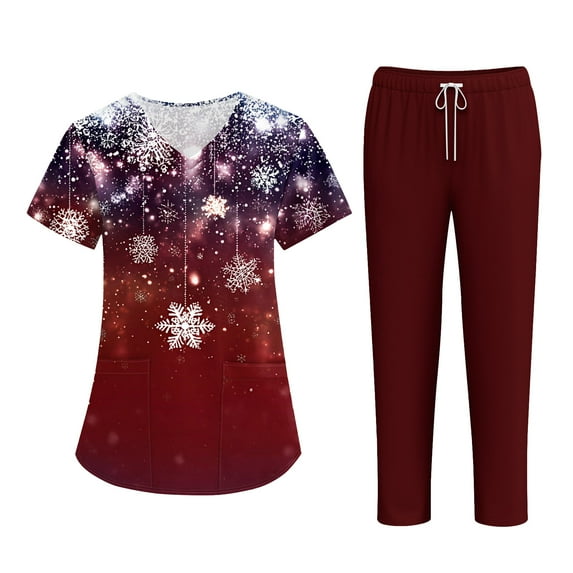 SAATLERI Christmas Womens Scrubs Set V Neck Top and Pant Cute Xmas Print Christmas Medical Uniform Jogger Suit Pocketed Nurse Workwear