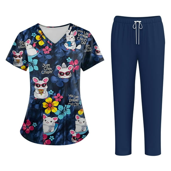 SAATLERI Cute Scrubs for Women Set Soft Stretch Printed Nurse Uniform Scrubs Suit V-Neck Soft Athletic Nursing Uniform Workwear