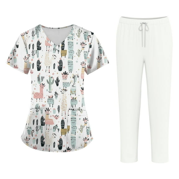 SAATLERI Cute Scrubs for Women Set Soft Stretch Printed Nurse Uniform Scrubs Suit V-Neck Soft Athletic Nursing Uniform Workwear