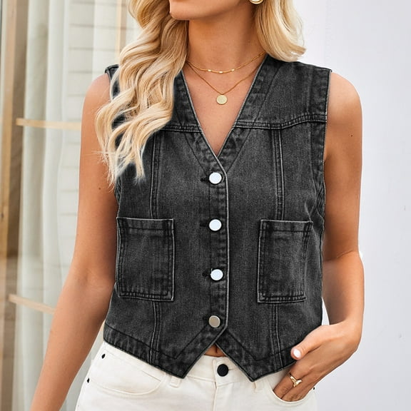 SAATLERI Denim Vest for Women Casual Sleeveless Button Down Jackets V Neck Solid Color Tanks with Pockets
