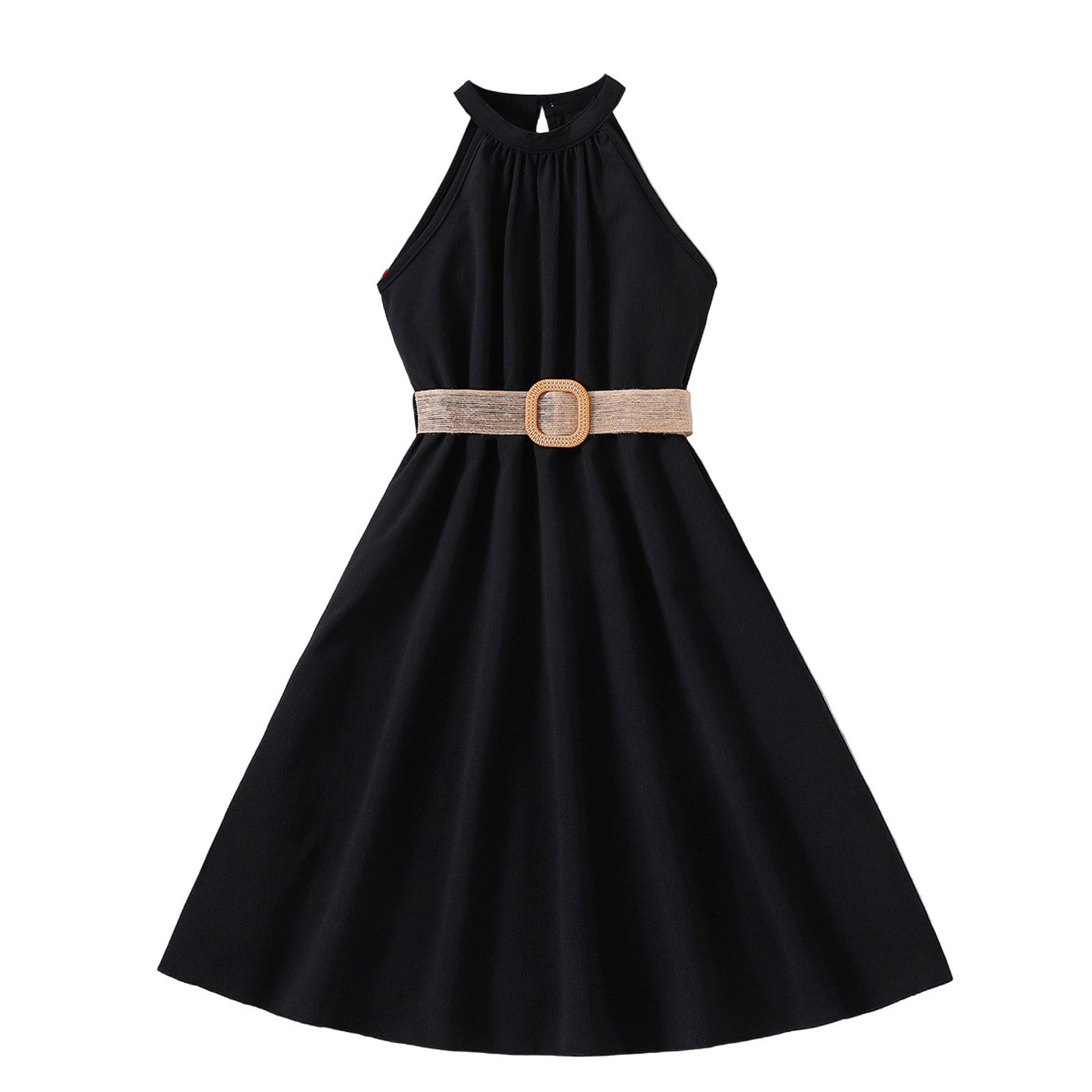 Girls Floral Print Square Neck Shoulder Straps Cotton A-Line Midi Dress