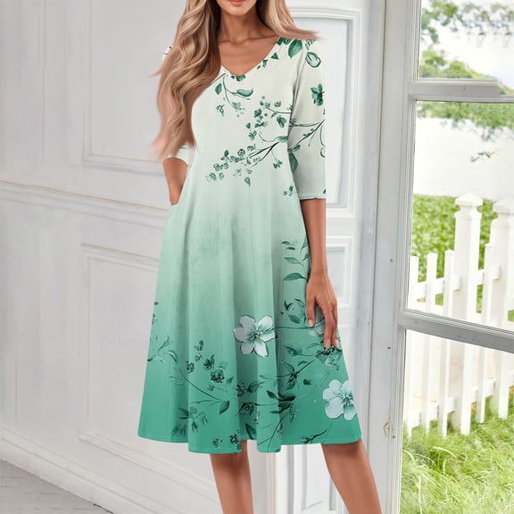 SAATLERI Dresses for Women 2025 Elegant Classy 3/4 Sleeve Trendy V Neck Floral Print Sun Dresses Flowy A-Line Boho Summer Dress with Pocket