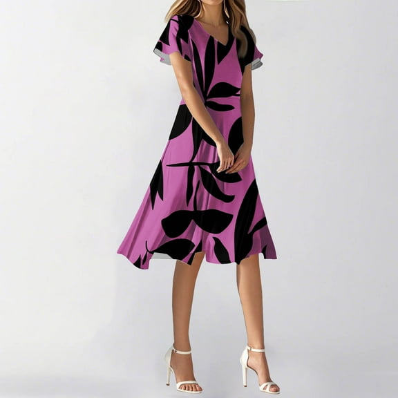 SAATLERI Dresses for Women 2025 Elegant Classy Floral Print A-Line Midi Dresses Fashion Short Sleeve V Neck Swing Wedding Guest Dress