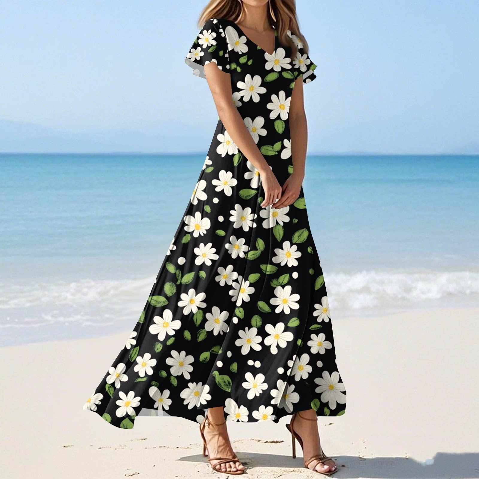SAATLERI Dresses for Women 2025 V Neck Short Sleeve Boho Sun Dress — free download