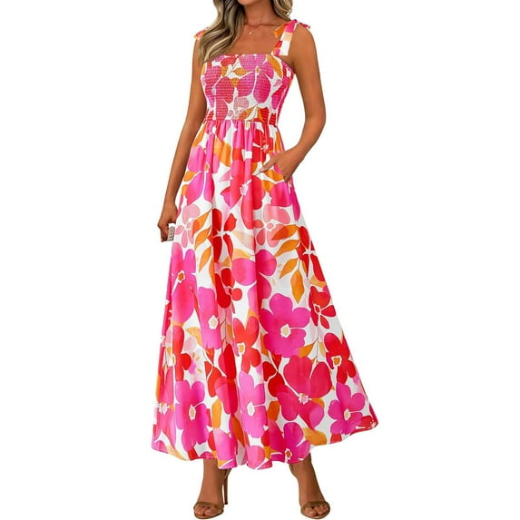 SAATLERI Dresses for Women Comfortable Spring Maxi Dress Sleeveless Floral Print Pleated Ruffle Loose Long Summer Dresses