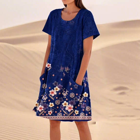 SAATLERI Dresses for Women Trendy Short Sleeve Sundresses for Women Floral Printed Crew Neck Loose Casual Boho Beach Dress with Pocket