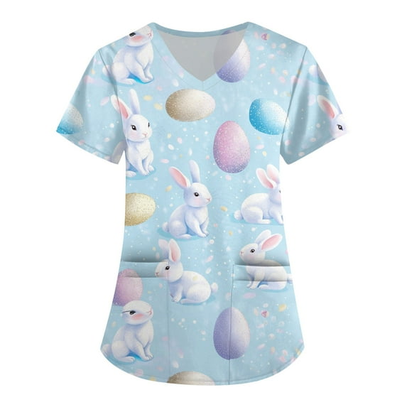 SAATLERI Easter Bunny Eggs Printed Scrub Tops for Women Short Sleeve V Neck Pattern Scrub Tops Nurse Uniform with Pockets