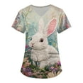 thumbnail image 1 of SAATLERI Easter Scrub Tops Women Bunny Print Top Stretchy V Neck Short Sleeve Nurse Uniforms with Pokets, 1 of 4
