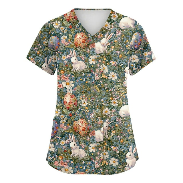 SAATLERI Easter Scrub Tops Womens Cute Bunny Eggs Print Short Sleeve V-Neck Plus Size Shirts Tee Tops With Pockets Working Uniform