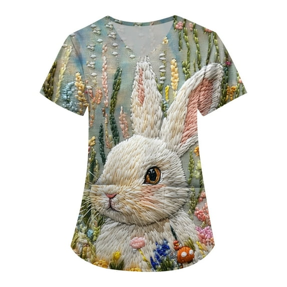 SAATLERI Easter Shirts for Women Cute Bunny Graphic V-Neck Short Sleeve Easter Tops Dressy Casual Blouses Trendy