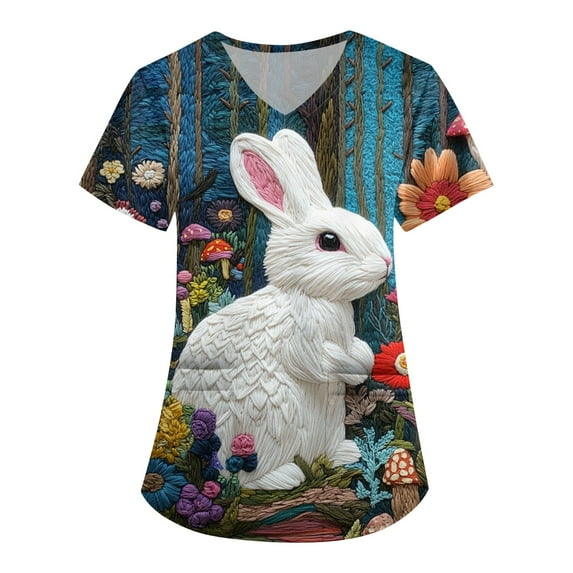 SAATLERI Easter Top for Women Cute Bunny Print Short Sleeve V Neck Nurse Shirt Stretchy Casual Work Uniforms