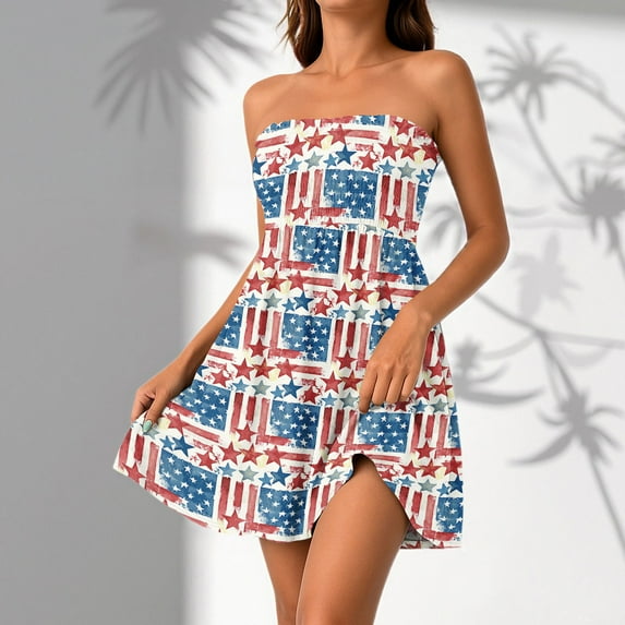 SAATLERI Fourth Of July Patriotic Dresses for Women Elegant Classy Star Stripes Print Strapless Tube Dresses for Women American Flag Mini Cover Ups Cute Flowy Dresses