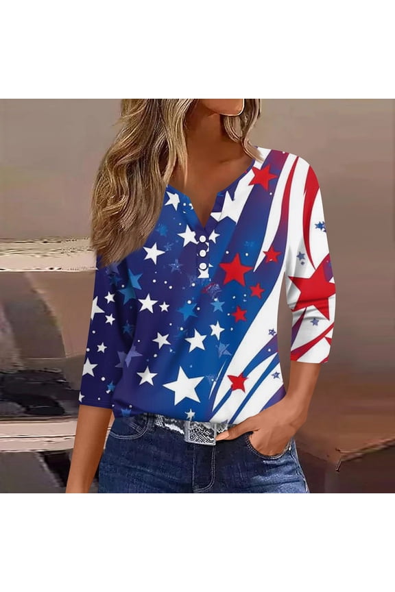 Fourth Of July Shirts for Women Casual 3/4 Sleeve 4th Of July Tops Funny American Flag Graphic Print Button V Neck Tunics Holiday Pullover Blouses