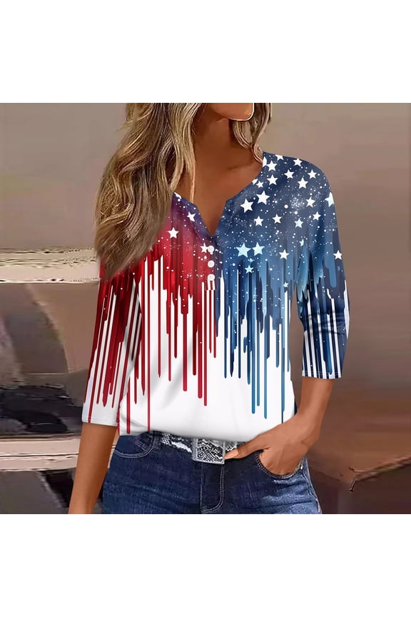 Fourth Of July 3/4 Length Sleeve Womens Tops Independence Day Womens Shirts American Flag Print Button Down V Neck Cute Patriotic Tee Shirt
