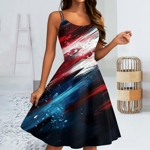SAATLERI Fourth of July Dresses for Women Star Spaghetti Strap Punk Swing Flag Patriotic Cocktail A-Line Party Dress
