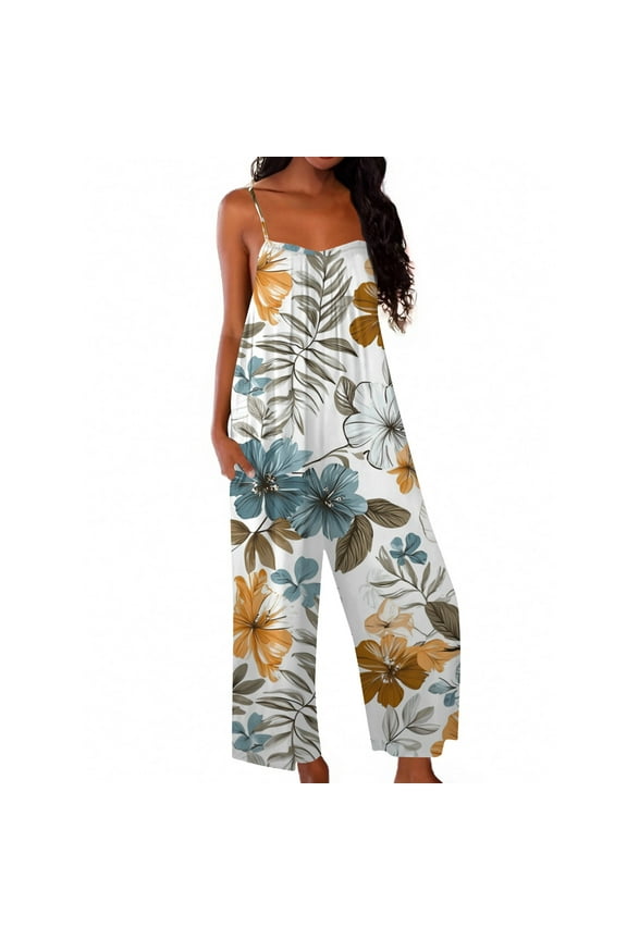 Hawaiian Outfits for Women Cute Floral Print Rompers for Women Dressy Spaghetti Strap Long Pants Overalls with Pockets