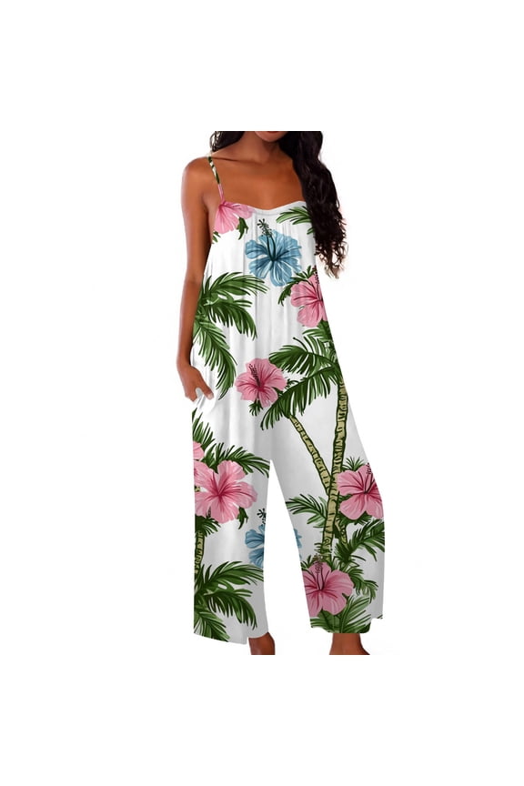 Hawaiian Print Jumpsuits for Women Dressy Funny Tropical Womens Jumpsuit Spaghetti Strap Wide Leg Pants Overalls with Pockets