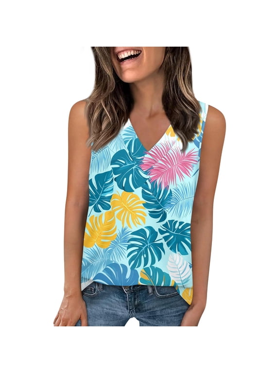 Hawaiian Print Sleeveless Shirt for Women V-Neck Casual Loose Fit Summer Essential Tops Tropical Comfortable Blouse