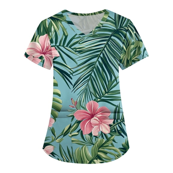 SAATLERI Hawaiian Scrub Tops Women Stretchy V Neck Floral Pattern Short Sleeve Nurse Tops Holiday Medical Uniform