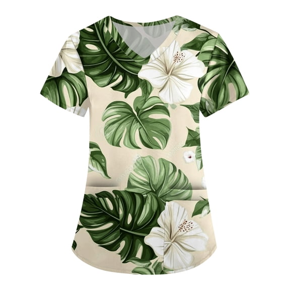 SAATLERI Hawaiian Scrub Tops Women Stretchy V Neck Floral Pattern Short Sleeve Nurse Tops Holiday Medical Uniform