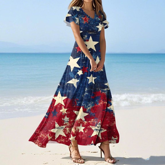 SAATLERI Independence Day Dress for Women Swing Flowy Maxi USA Flag Dress Trendy V Neck Short Sleeve 4th Of July Outfit Maxi Long Dresses