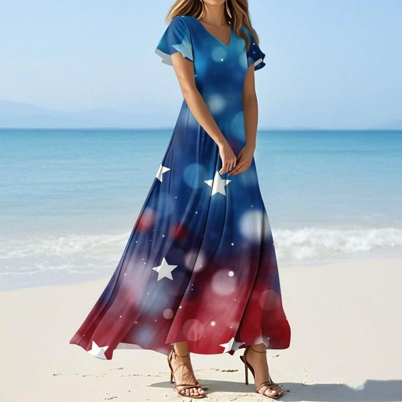 SAATLERI Independence Day Dress for Women Swing Flowy Maxi USA Flag Dress Trendy V Neck Short Sleeve 4th Of July Outfit Maxi Long Dresses