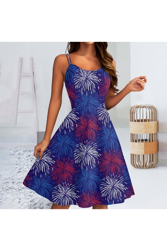 July 4th Dresses for Women Flag Print Spaghetti Strap Flag Dress A Line Sleeveless Dressy Punk Party Dress