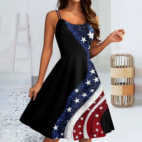 SAATLERI July 4th Womens Dresses Patriotic Star Striped Dresses A Line Sleeveless USA Flag Beach Punk Evening Party Dress