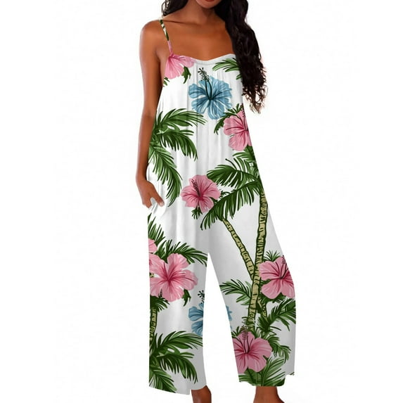SAATLERI Jumpsuits for Women Dressy Loose Fit Plus Size Hawaiian Tropical Print Rompers for Women Dressy Sleeveless Wide Leg Tropical Romper