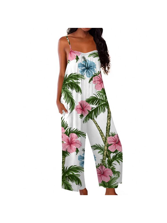 Jumpsuits for Women Dressy Loose Fit Plus Size Hawaiian Tropical Print Rompers for Women Dressy Sleeveless Wide Leg Tropical Romper