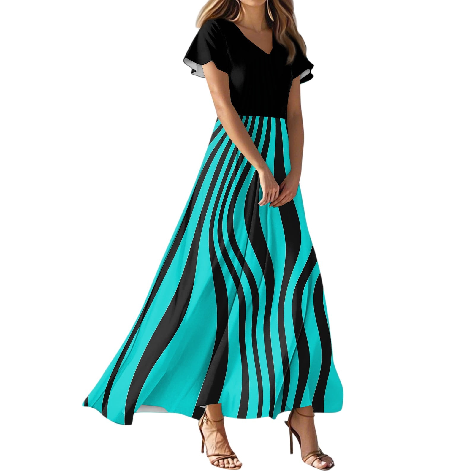 Boho Floral Maxi Dress For Women - V-Neck Puff Sleeve, Empire Waist, Summer Beach Wedding Guest Dress