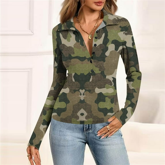 SAATLERI Long Sleeve Polo Shirt for Women V Neck Camouflage Print Slim Fit Shirts Button Down Collared Long Sleeve Shirt Comfy Dressy Blouses Tops