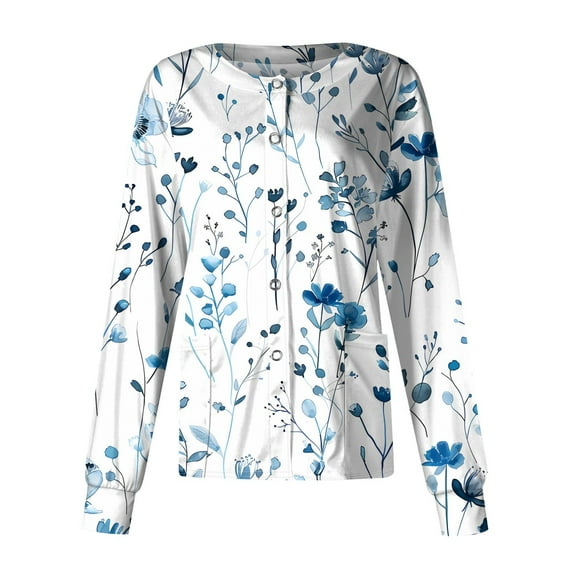 SAATLERI Long Sleeve Printed Scrub Jackets for Woman Long Sleeve Comfortable Nurse Gifts Floral Pattern Scrubs Top Snap Front Nursing Uniforms with Pockets