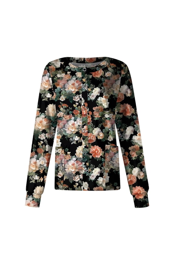 Long Sleeve Scrub Jackets for Women Stretchy Single Breasted Working Shirts Fun Floral Printed Nursing Working Uniform Cardigan Scrubs Top with Pockets