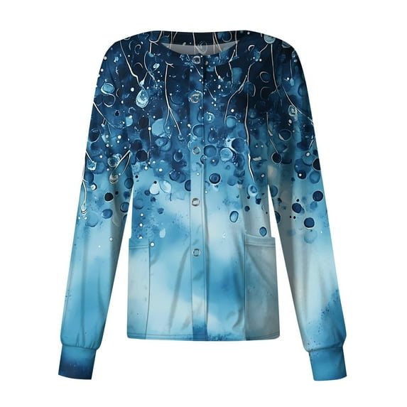 SAATLERI Long Sleeve Scrub Jackets for Women Stretchy Single Breasted Working Shirts Fun Floral Printed Nursing Working Uniform Cardigan Scrubs Top with Pockets