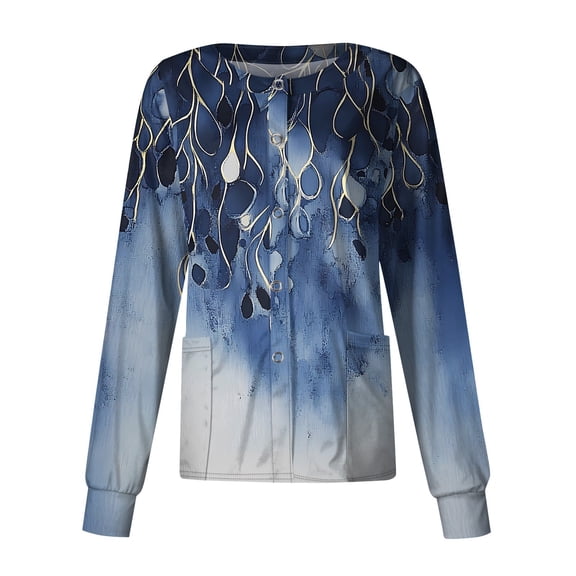 SAATLERI Long Sleeve Scrub Jackets for Woman Casual Button Down Workwear Cute Floral Print Medical Nursing Uniforms Cardigan Scrubs with Pockets