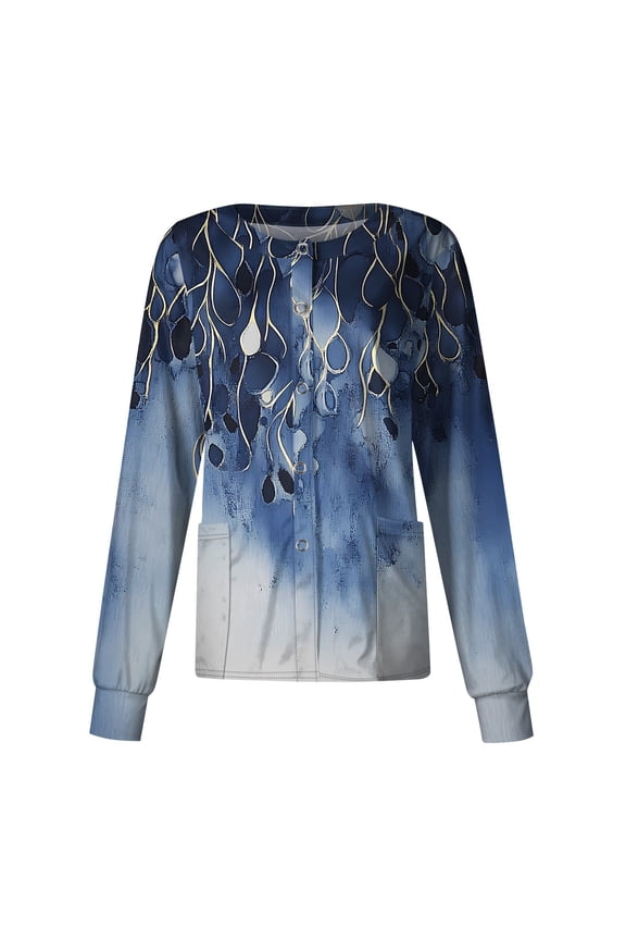 Long Sleeve Scrub Jackets for Woman Casual Button Down Workwear Cute Floral Print Medical Nursing Uniforms Cardigan Scrubs with Pockets