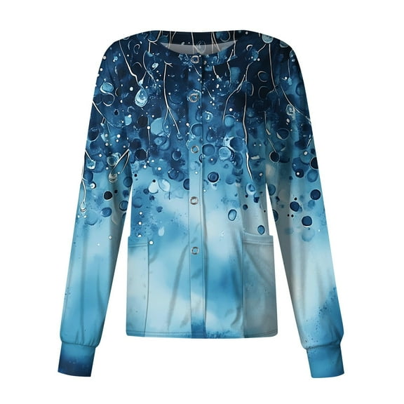 SAATLERI Long Sleeve Scrub Jackets for Woman Casual Button Down Workwear Cute Floral Print Medical Nursing Uniforms Cardigan Scrubs with Pockets