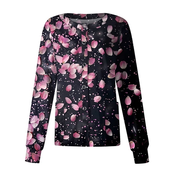 SAATLERI Long Sleeve Scrub Jackets for Woman Casual Single Breasted Workwear Cute Floral Print Nurse Uniform Shirts Scrub Jacket with Pockets