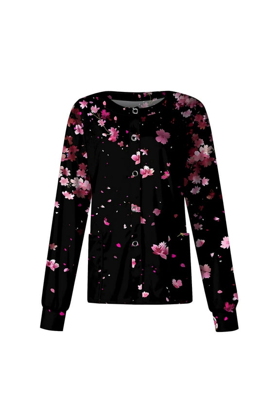 Long Sleeve Scrub Jackets for Woman Casual Single Breasted Workwear Cute Floral Print Nurse Uniform Shirts Scrub Jacket with Pockets
