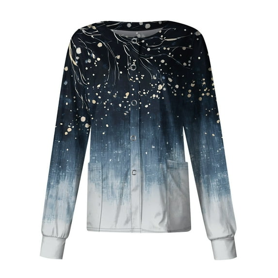 SAATLERI Long Sleeve Scrub Jackets for Woman Casual Single Breasted Workwear Cute Floral Print Nurse Uniform Shirts Scrub Jacket with Pockets
