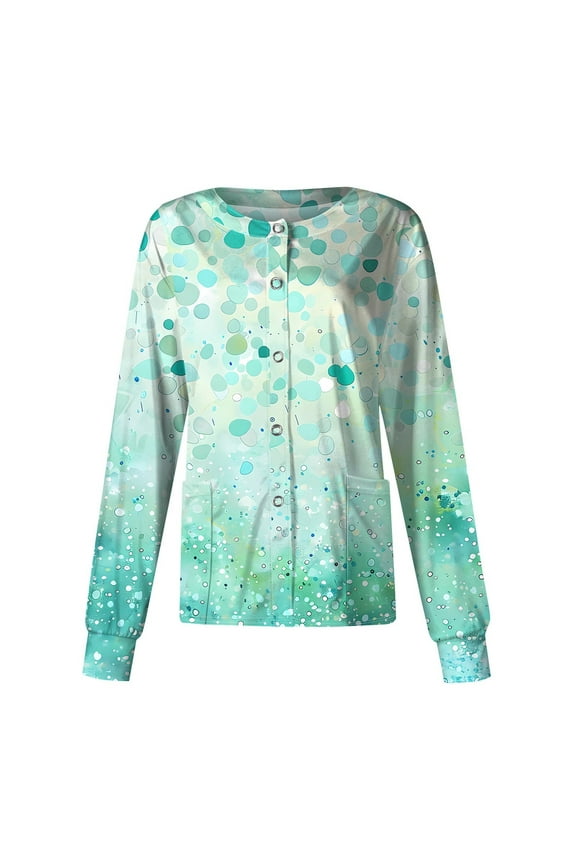 Long Sleeve Scrub Jackets for Women Fashion Button Down Workwear Cute Floral Printed Nurse Uniform Shirts Cardigan Scrubs with Pockets