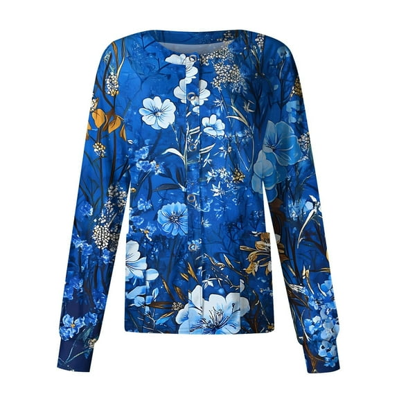 SAATLERI Long Sleeve Scrub Jackets for Women Floral Print Tops Snap Front Cute Floral Pattern Medical Nurse Working Uniforms with Pockets