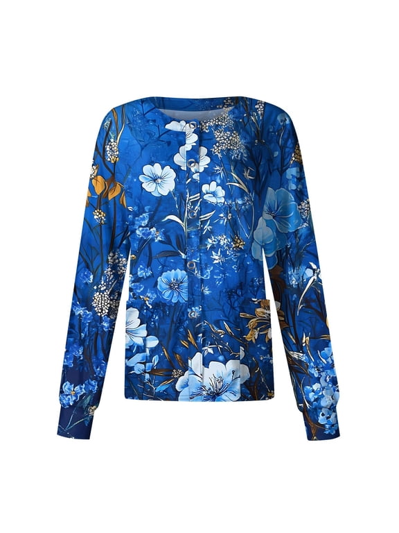 Long Sleeve Scrub Jackets for Women Floral Print Tops Snap Front Cute Floral Pattern Medical Nurse Working Uniforms with Pockets