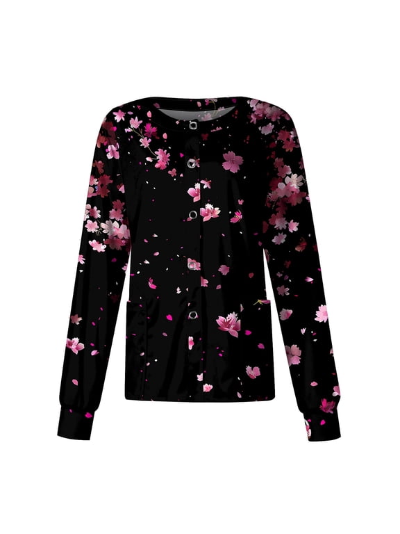 Long Sleeve Scrub Tops Women Comfy Floral Print Button Down Scrubs Jacket Stretchy Plus Size Working Uniform with Pockets