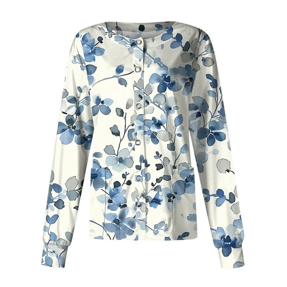 SAATLERI Long Sleeve Scrub Tops Women Comfy Floral Print Button Down Scrubs Jacket Stretchy Plus Size Working Uniform with Pockets