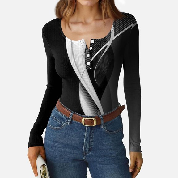 SAATLERI Long Sleeve Shirt for Women Scoop Neck Trendy Vintage Print Henley Shirt Knit Casual Fit Henley Tops