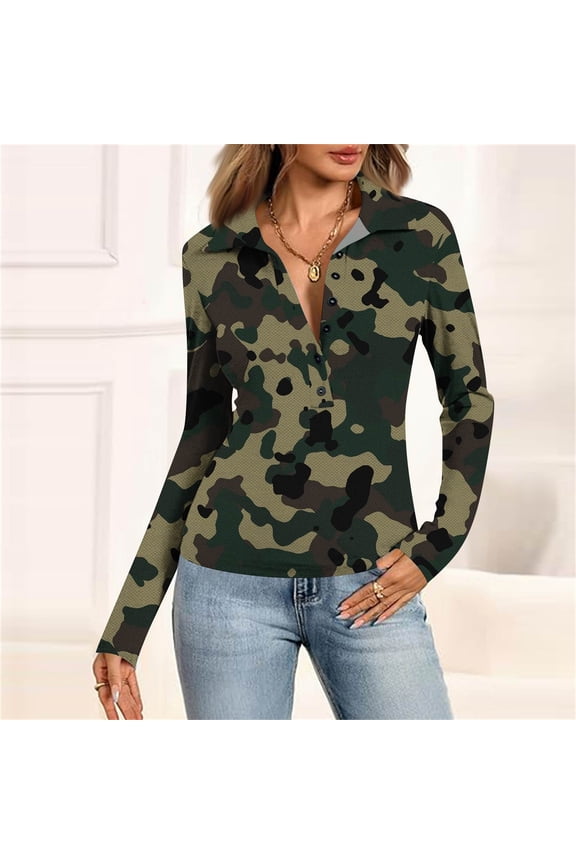 Long Sleeve Shirts for Women Slim Fit Button Down V-Neck Polo Shirt Dressy Casual Camo Printed Workout Tunic Tops