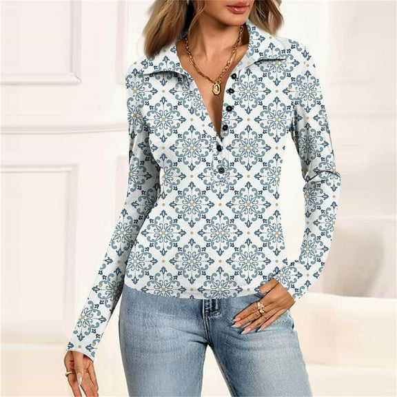 SAATLERI Long Sleeve Shirts for Women Slim Fit Button Down V-Neck Polo Shirt Dressy Casual Camo Printed Workout Tunic Tops